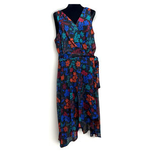 Chaps Size 16 Black Floral Dress Faux-Wrap Hi-Low Midi Colorful Party Fairy